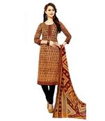 Brown Printed Cotton Unstitched Salwar With Dupatta