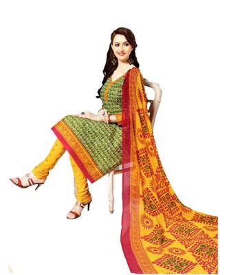 Green Printed Cotton Unstitched Salwar With Dupatta 1