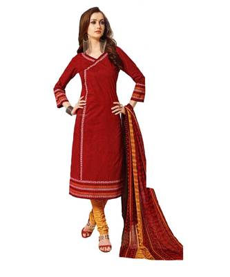 Red Printed Cotton Unstitched Salwar With Dupatta 1