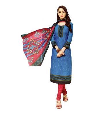 Blue Printed Cotton Unstitched Salwar With Dupatta 1
