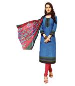 Blue Printed Cotton Unstitched Salwar With Dupatta