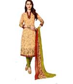 Cream Printed Cotton Unstitched Salwar With Dupatta