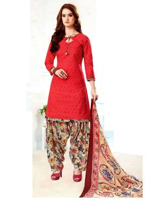 Peach Printed Cotton Unstitched Salwar With Dupatta 1