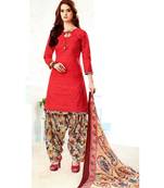 Peach Printed Cotton Unstitched Salwar With Dupatta