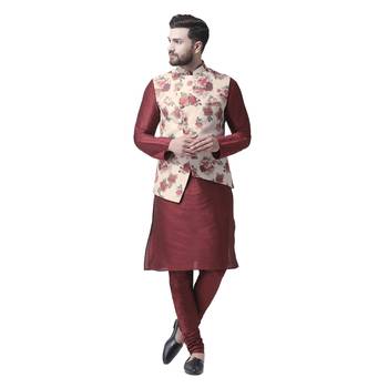 Maroon Printed Dupion Silk Kurta Pajama 1