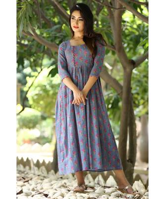 grey cotton printed dress with buttons detailing 1