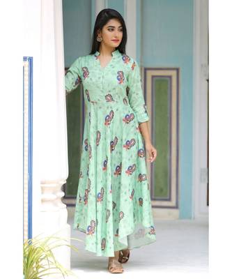 green cotton peacock print one piece 1