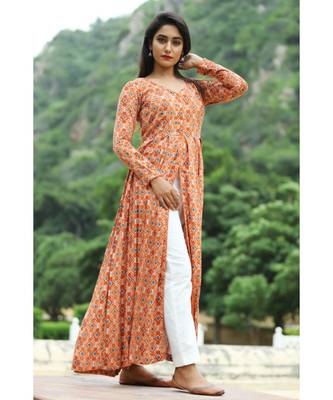 orange cotton cotton rayon front open kurta 1