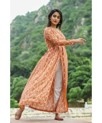 orange cotton cotton rayon front open kurta 3