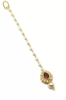 Maroon Gold Plated Maang Tikka