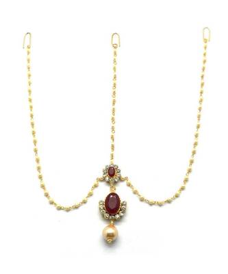 Maroon Gold Plated Maang Tikka 3