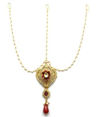 Maroon Gold Plated Maang Tikka 3