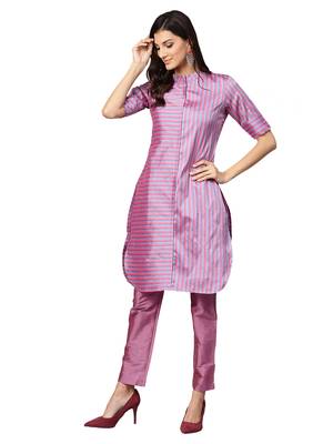 Purple Striped Art Silk Kurta 1