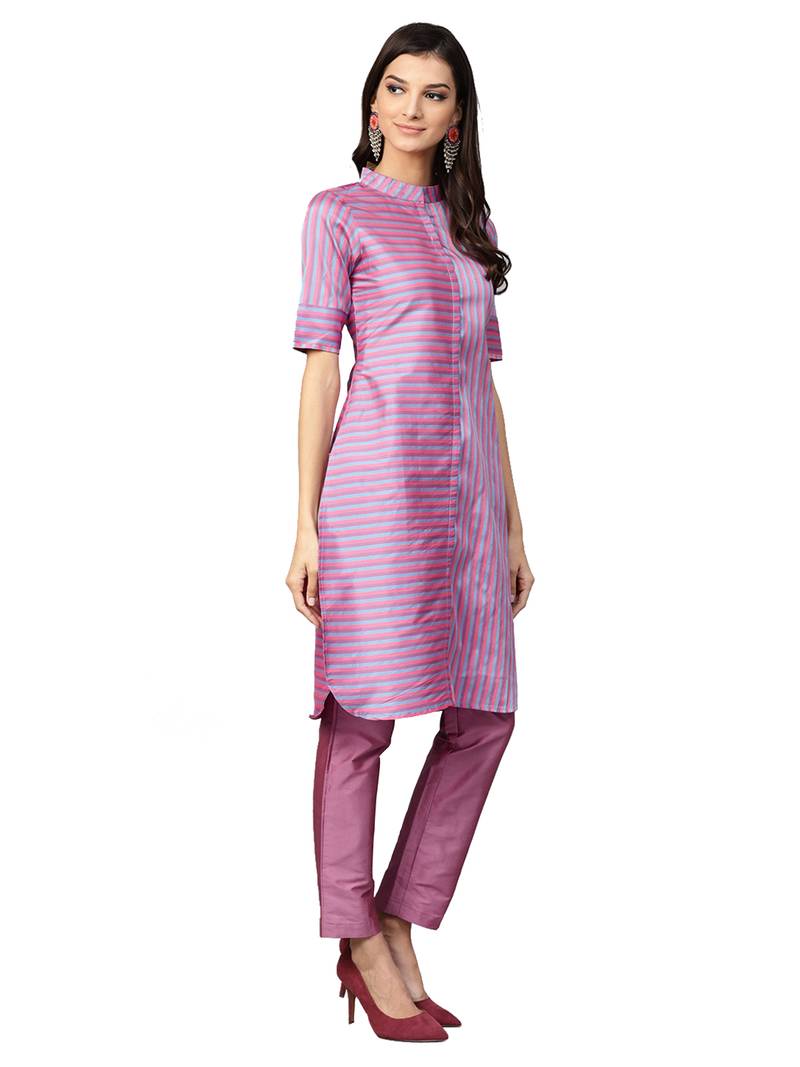 Purple Striped Art Silk Kurta