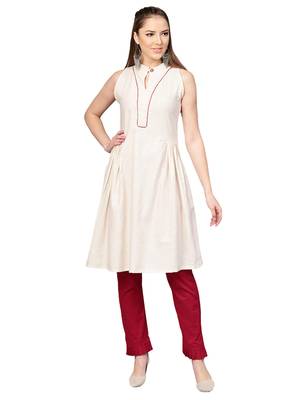 Cream Linen Blend Solid Kurta 1