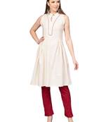 Cream Linen Blend Solid Kurta