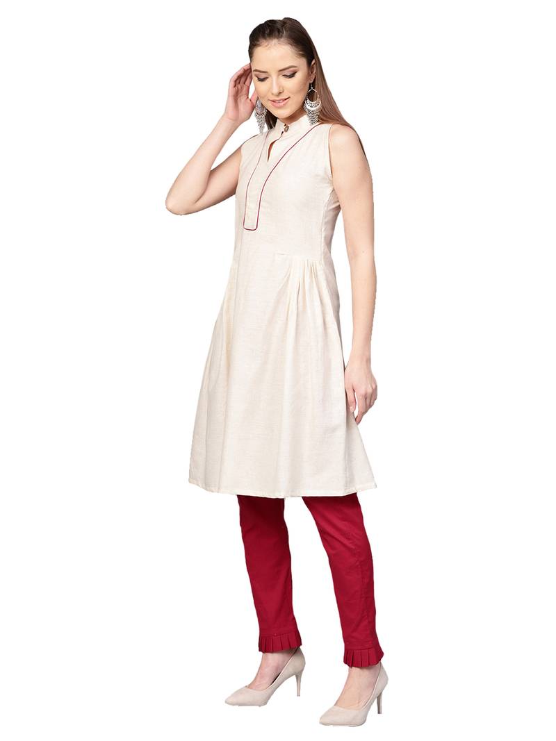 Cream Linen Blend Solid Kurta