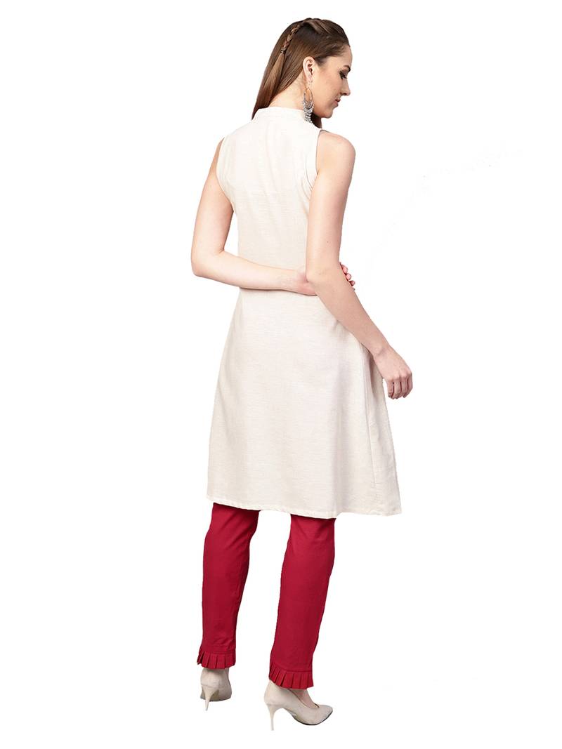 Cream Linen Blend Solid Kurta