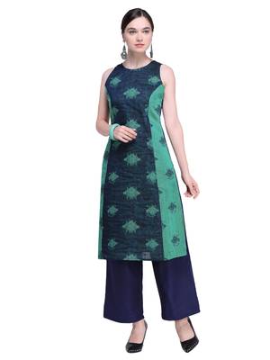 Navy Blue & Green Chanderi Cotton Woven Kurta 1