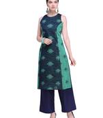 Navy Blue & Green Chanderi Cotton Woven Kurta