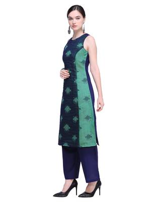 Navy Blue & Green Chanderi Cotton Woven Kurta 2