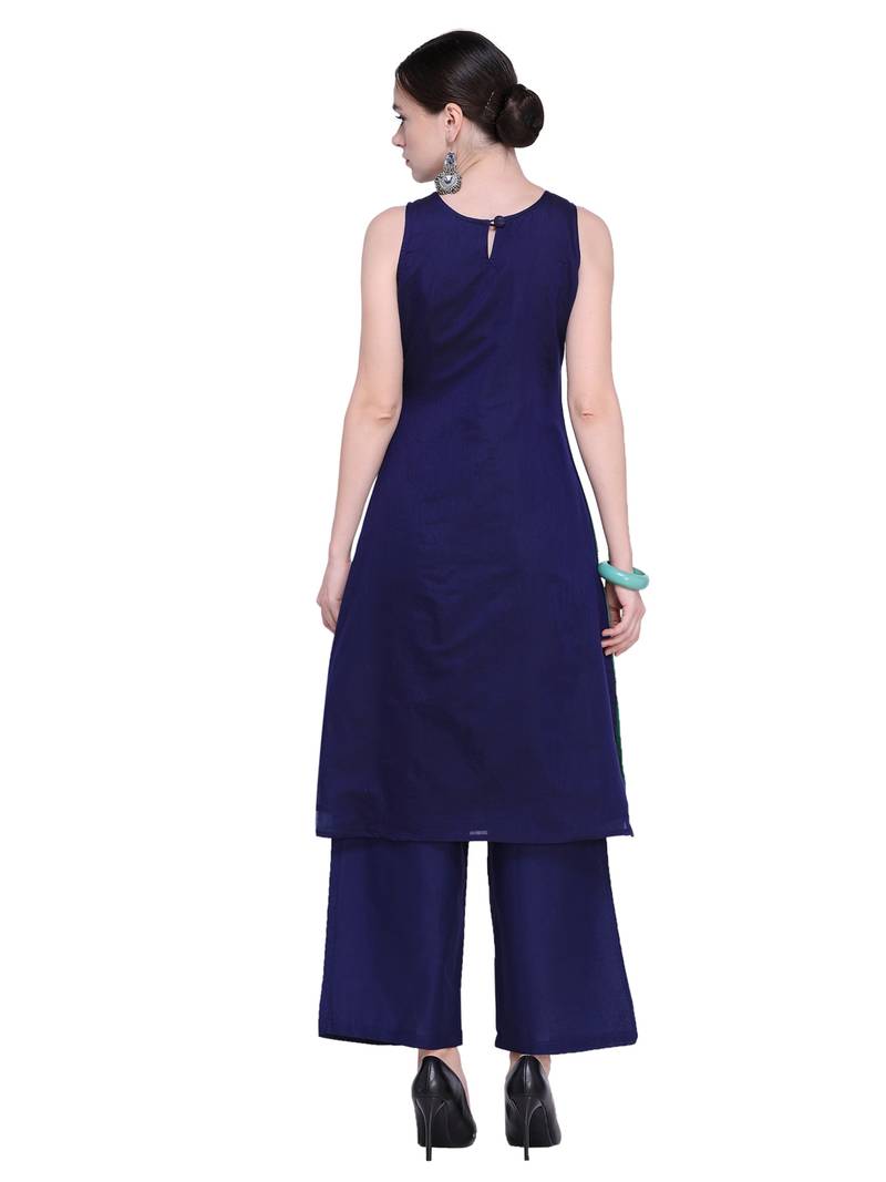 Navy Blue & Green Chanderi Cotton Woven Kurta