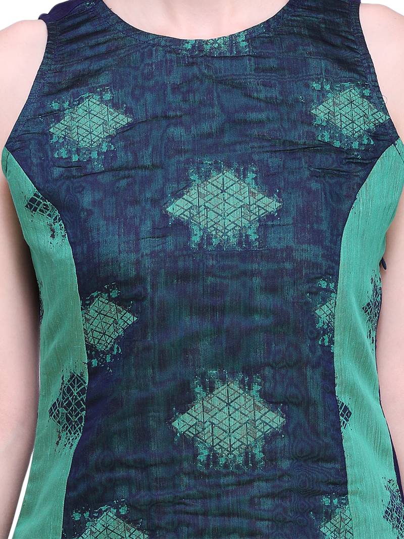 Navy Blue & Green Chanderi Cotton Woven Kurta