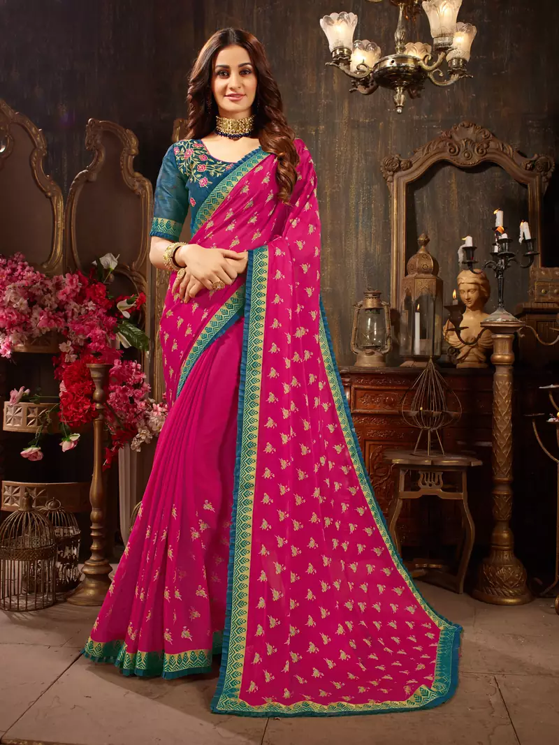 Pink printed georgette saree with blouse