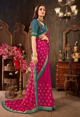 Pink printed georgette saree with blouse 3