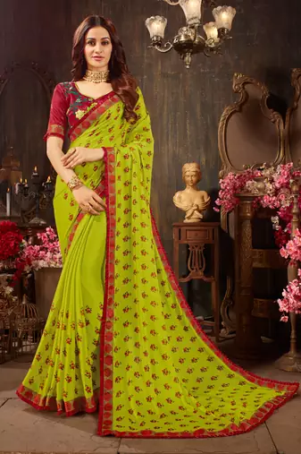 Green printed georgette saree with blouse