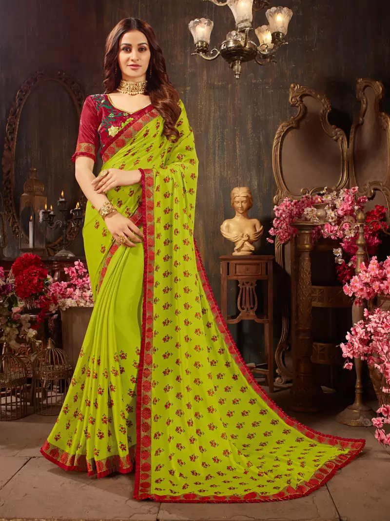 Green printed georgette saree with blouse