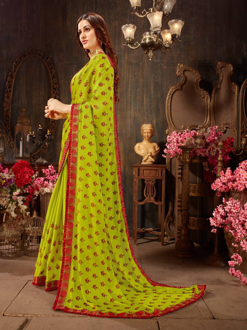 Green printed georgette saree with blouse