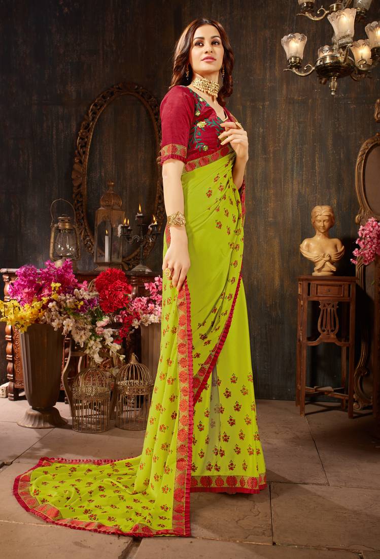 Green printed georgette saree with blouse