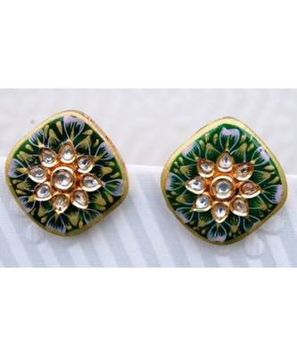 Enamel Floral Square Gold Stud Earrings 1