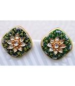 Enamel Floral Square Gold Stud Earrings