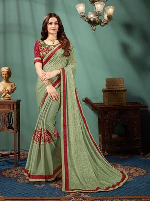 Green printed chiffon saree with blouse 1