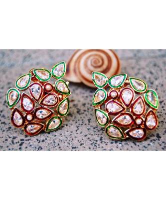 Diamond Studded Earrings with Green Meena Work 1