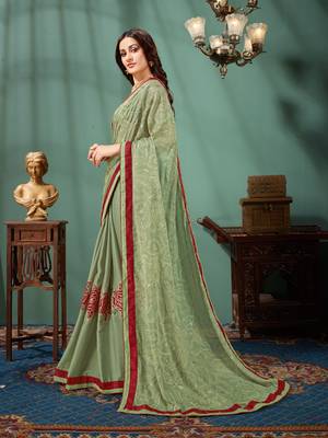 Green printed chiffon saree with blouse 2