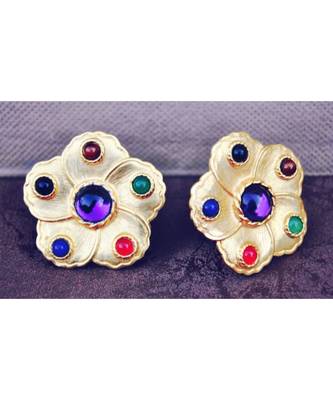 Multicolor Matte Gold Flower Stud Earrings 1