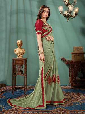 Green printed chiffon saree with blouse 3