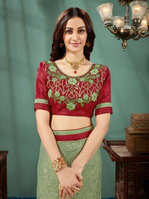 Green printed chiffon saree with blouse 4