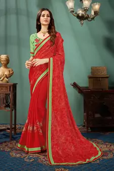 Red printed chiffon saree with blouse