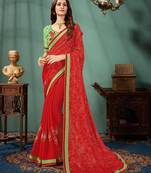 Red printed chiffon saree with blouse