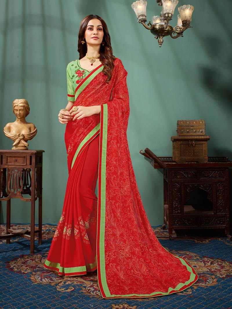 Red printed chiffon saree with blouse