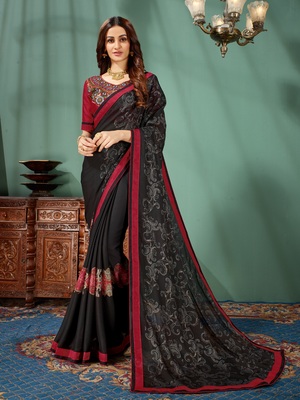 Women's Chiffon Black Printed Designer Saree With Blouse Piece