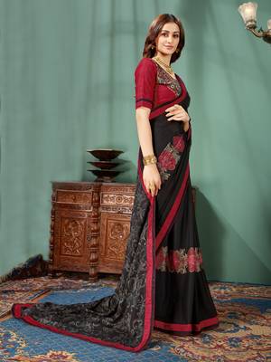 Black printed chiffon saree with blouse 3