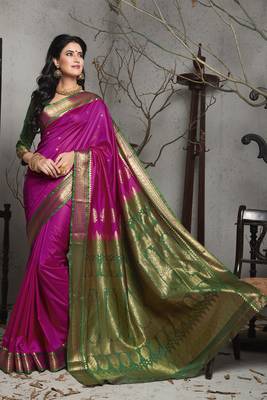 Pink hand woven silk blend saree with blouse 1