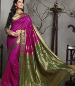 Pink hand woven silk blend saree with blouse