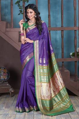 Purple hand woven silk blend saree with blouse 1