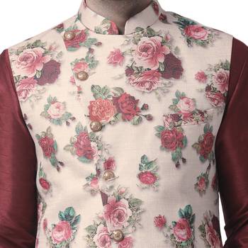 Maroon Printed Dupion Silk Kurta Pajama 4